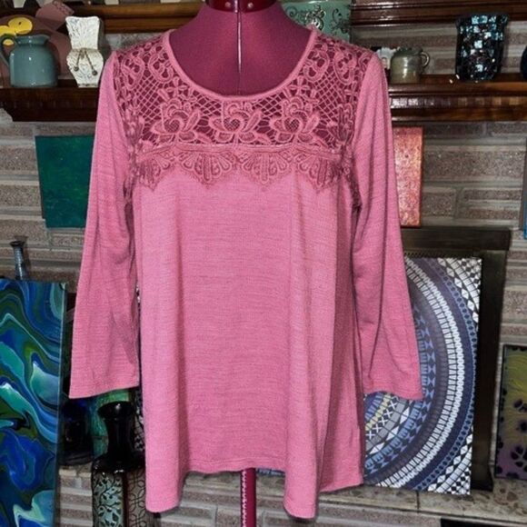 Status by Chenault Dusty Rose Pink Top Waffle Knit Crochet Lace Inset Size Large - Picture 1 of 8